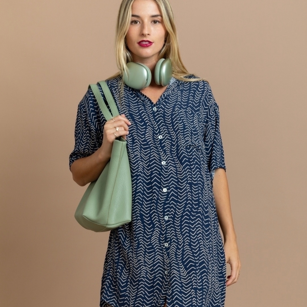 Navy Patterned Button-Up Dress